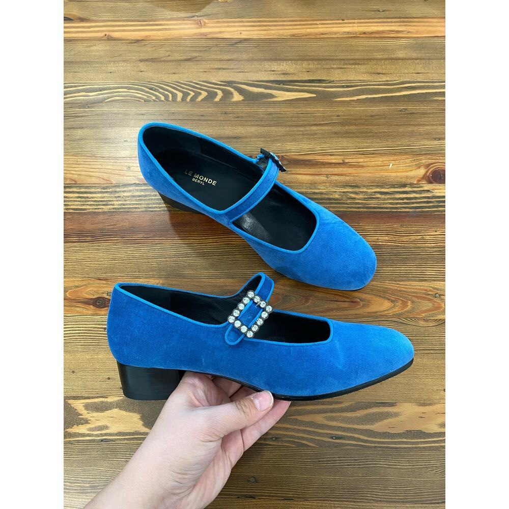 Cobalt Blue Suede Mary Jane Heels with Embellished Buckle